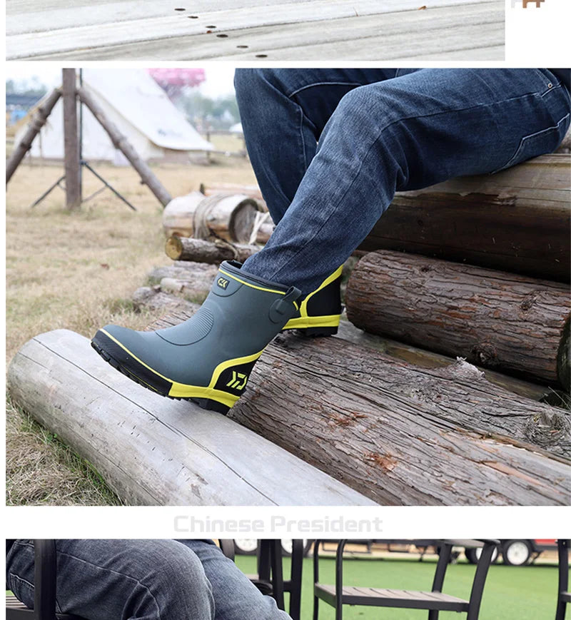 Thiened Fce Lined Rubber Rain Boots Men's Mid-Calf Warm Waterproof Non-Slip Fiing Boots Cold Resistant Booties