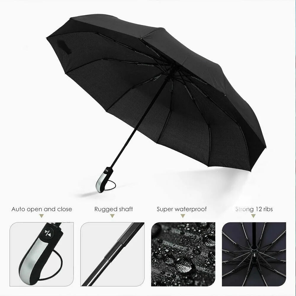 Windproof Wind Resistant 10 Ribs Strong Umbrella Automatic Open Close Folding Umbrella Compact Travel For Men and Women