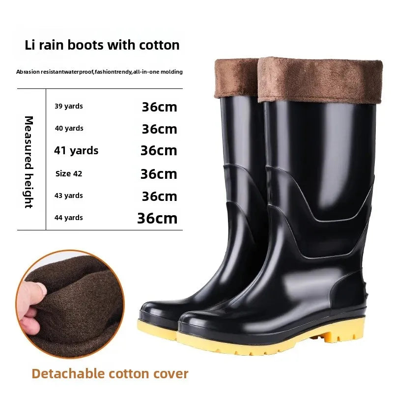 Thickened Cotton Lined Long Tube Winter Rain Boots Men's High Top round Toe Water Shoes Kitchen Shoes with Fleece Men's Rain Sho