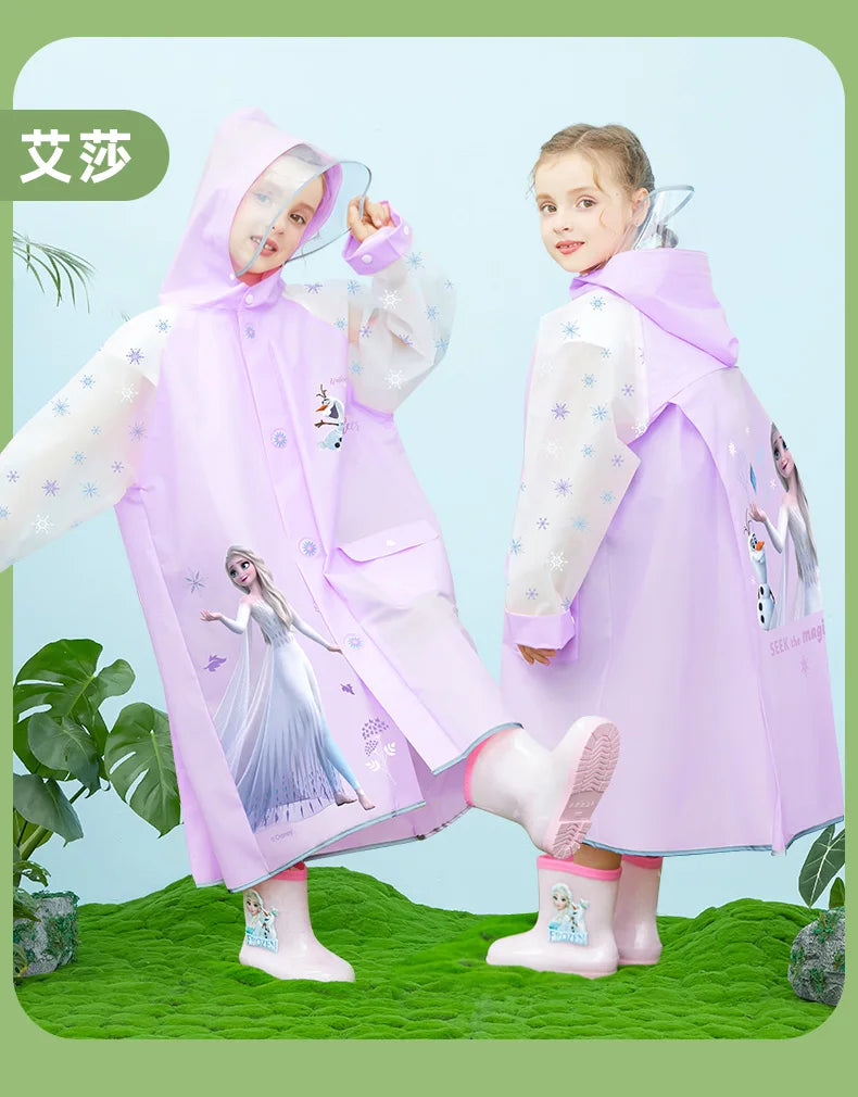 Disney Kids Raincoat Wateproof Children Elsa Spider-Man Rain Poncho Rain Coat Jacket with Backpack Position Student RainWear