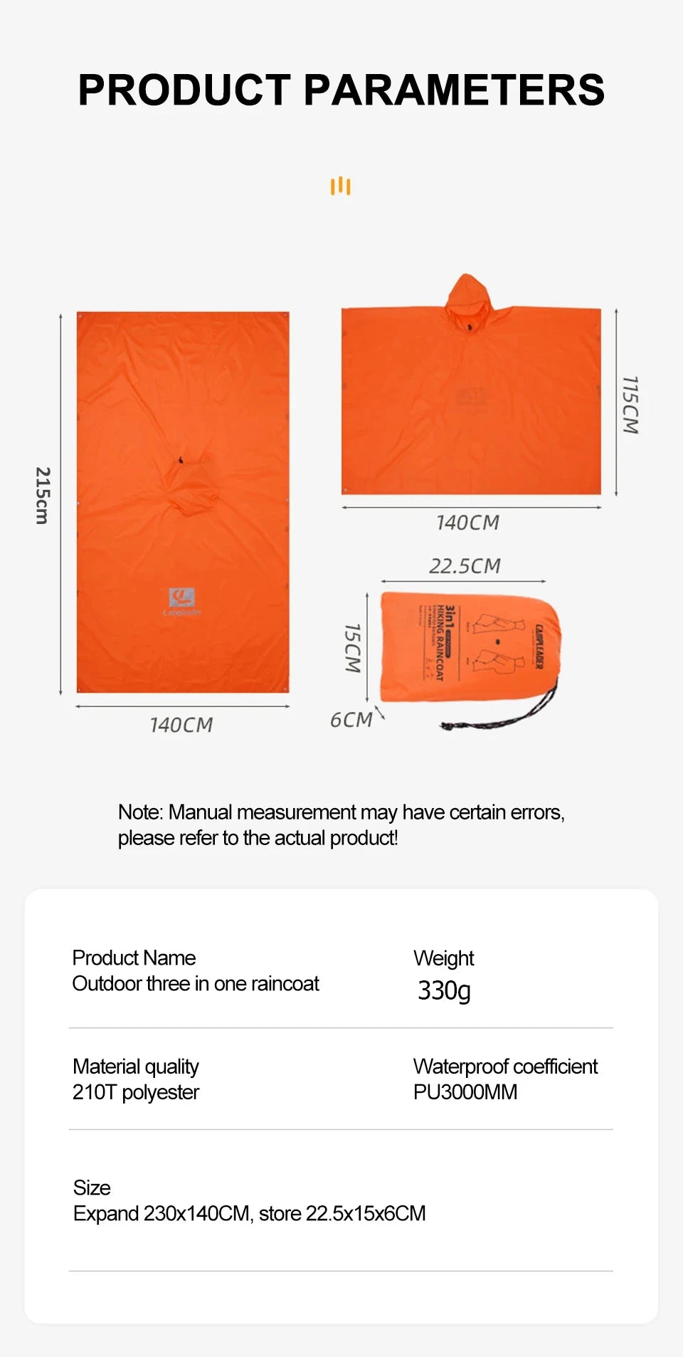 Outdoor 3 In 1 Raincoat Hooded Sleeve Waterproof Rain Poncho Motorcycle Rain Cover Camping Hiking Travel Portable Rainwear Tent