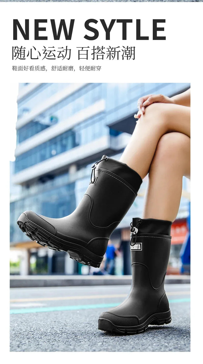 Men's Mid-calf Rain Boots.  New Style. Fashionable Mid-calf Outdoor Slip-resistant Water Shoes. Lightweight and Waterproof
