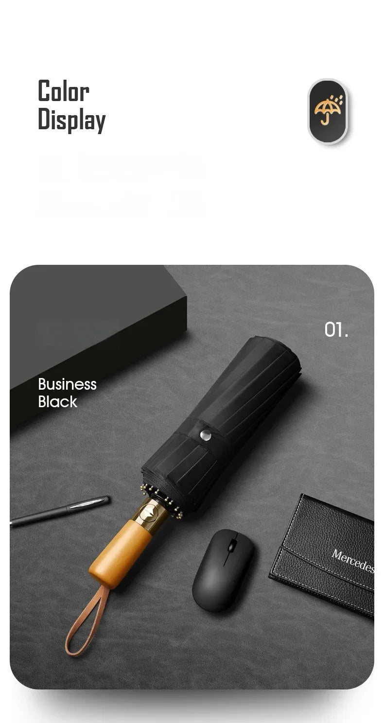 Business Fully Automatic Folding Umbrella Men and Women, Windproof 32 Bone, Wooden Handle, Waterproof Sunshade Rain Umbrellas