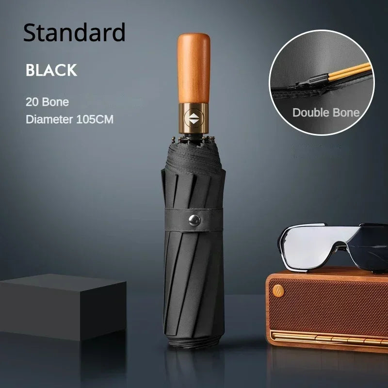 Business Fully Automatic Folding Umbrella Men and Women, Windproof 32 Bone, Wooden Handle, Waterproof Sunshade Rain Umbrellas