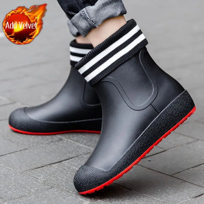 Winter Big Size Warm Waterproof Fleece-lined Short Men's Rain Boots Chef Kitchen Rainy Day Adult Without Lacing Mud Male Shoes