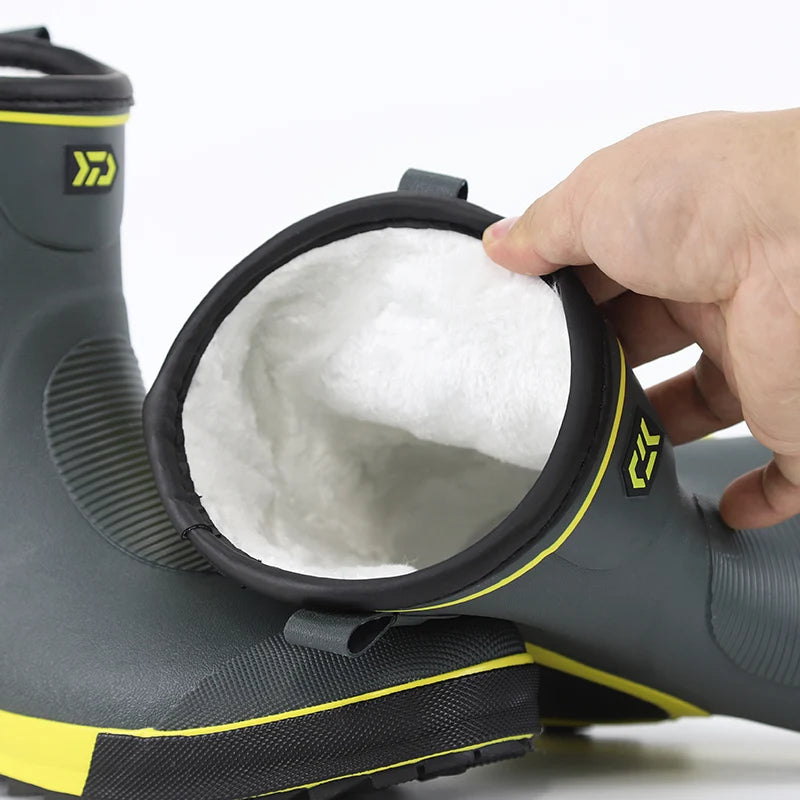 Thiened Fce Lined Rubber Rain Boots Men's Mid-Calf Warm Waterproof Non-Slip Fiing Boots Cold Resistant Booties