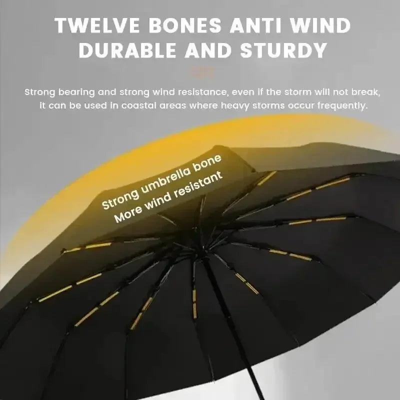 Thick and durable 12-rib black glue fully automatic umbrella, anti-ultraviolet, foldable umbrella for both sunny and rainy use.