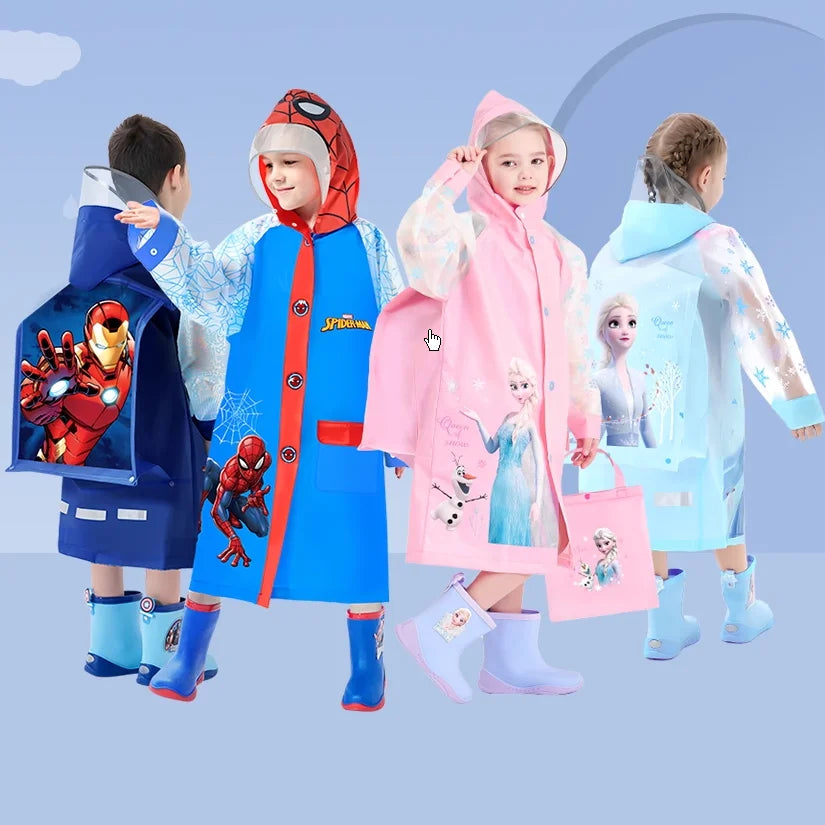 Disney Kids Raincoat Wateproof Children Elsa Spider-Man Rain Poncho Rain Coat Jacket with Backpack Position Student RainWear