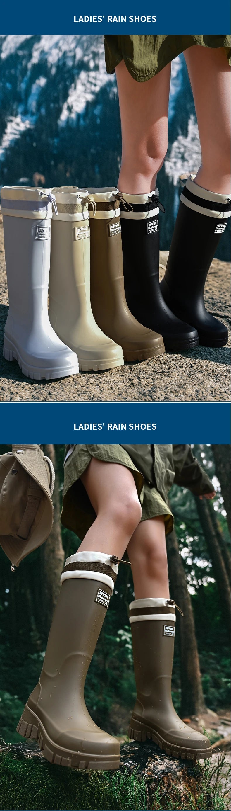 Solid Big Men Women Outdoor Tide Non-slip Waterproof Parent-Child Rain Boots Children Hundred Couple Adjustable Drawstring