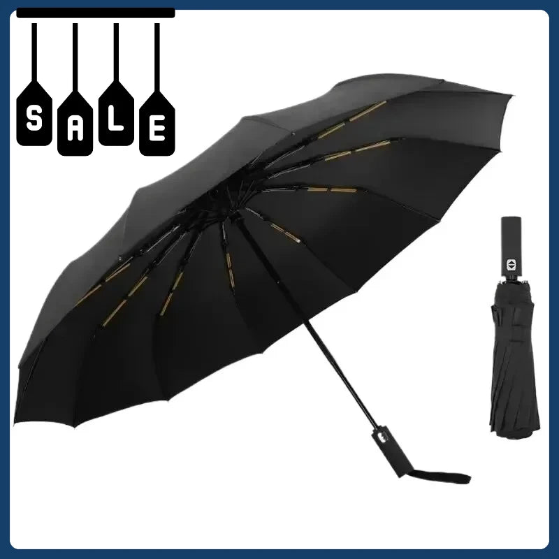 Thick and durable 12-rib black glue fully automatic umbrella, anti-ultraviolet, foldable umbrella for both sunny and rainy use.