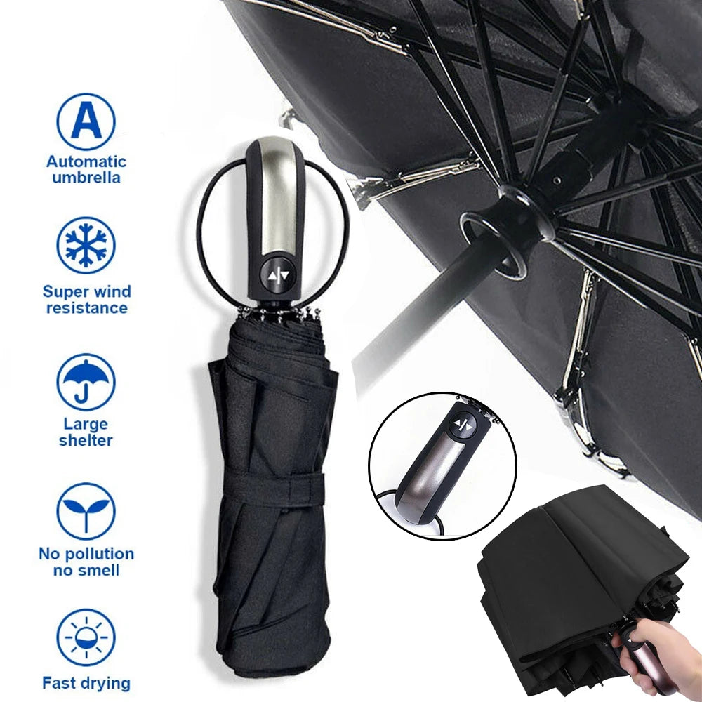 10 Ribs Automatic Open Close Umbrella Folding Ladies Walking Travel Black