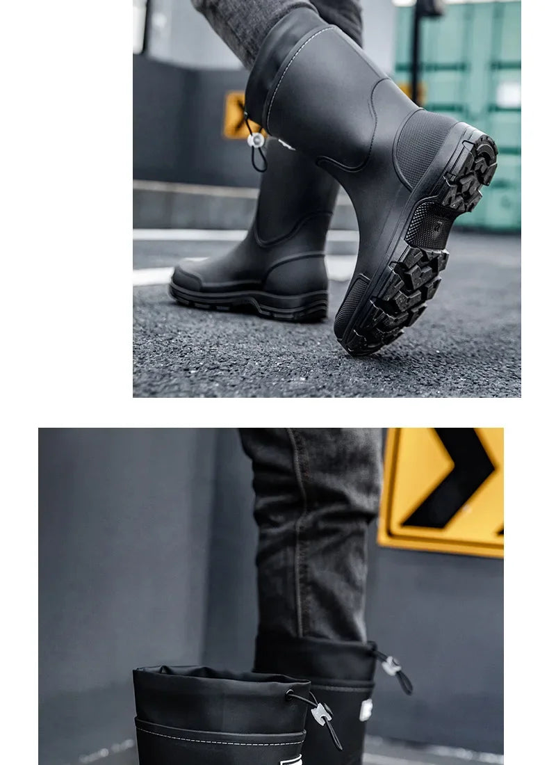 Men's Mid-calf Rain Boots.  New Style. Fashionable Mid-calf Outdoor Slip-resistant Water Shoes. Lightweight and Waterproof