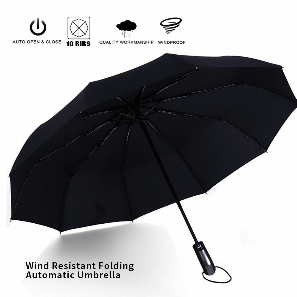 10 Ribs Automatic Open Close Umbrella Folding Ladies Walking Travel Black