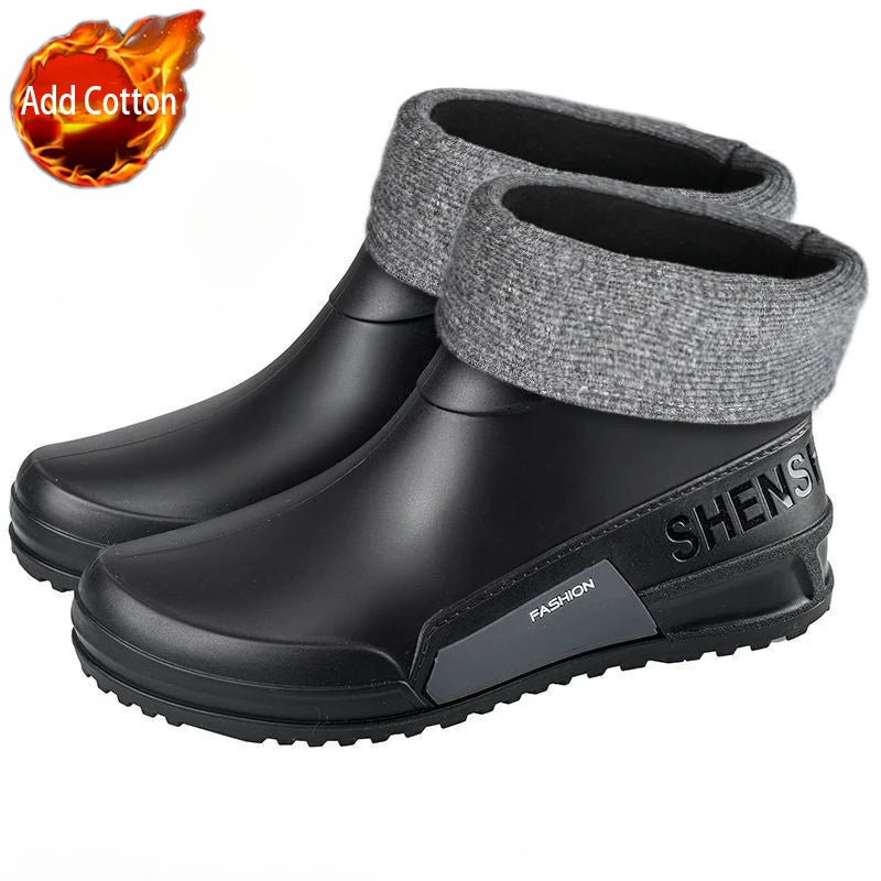 Waterproof Ankle Rain Boots for Men Chef Kitchen Fleece-lined Man Shoes Work Fashion Rainy Day Non-slip Garden Fishing Wellies