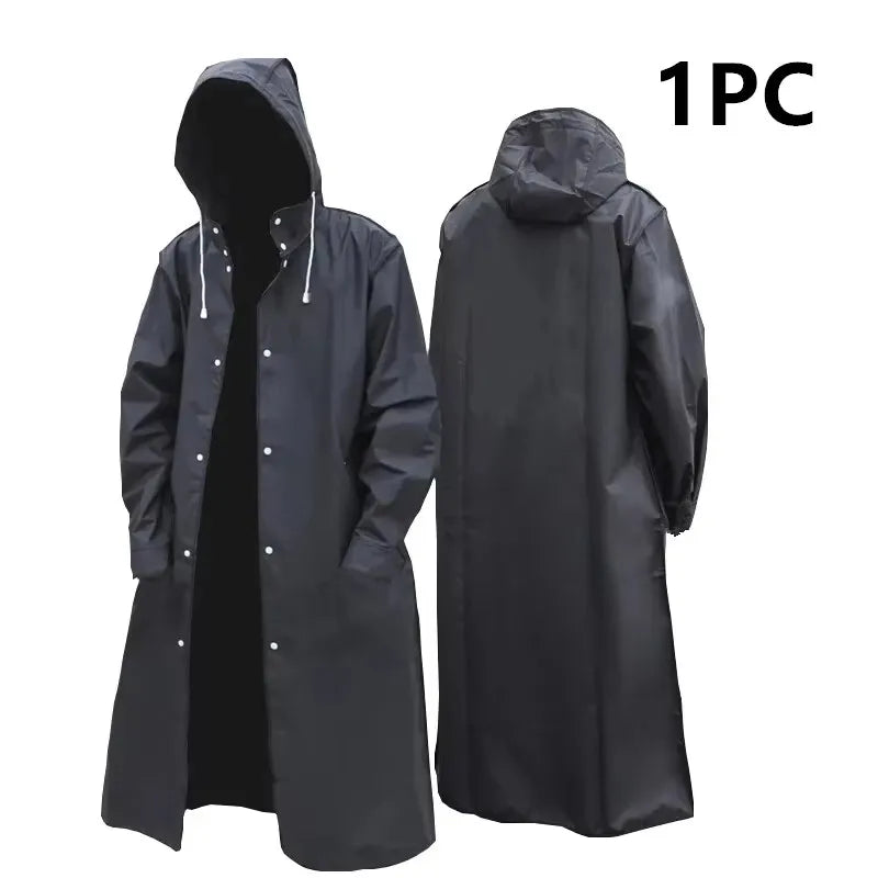 Fashion black adult windbreaker style waterproof long raincoat women's men's hooded outdoor motorcycle, bicycle, hiking, fishing