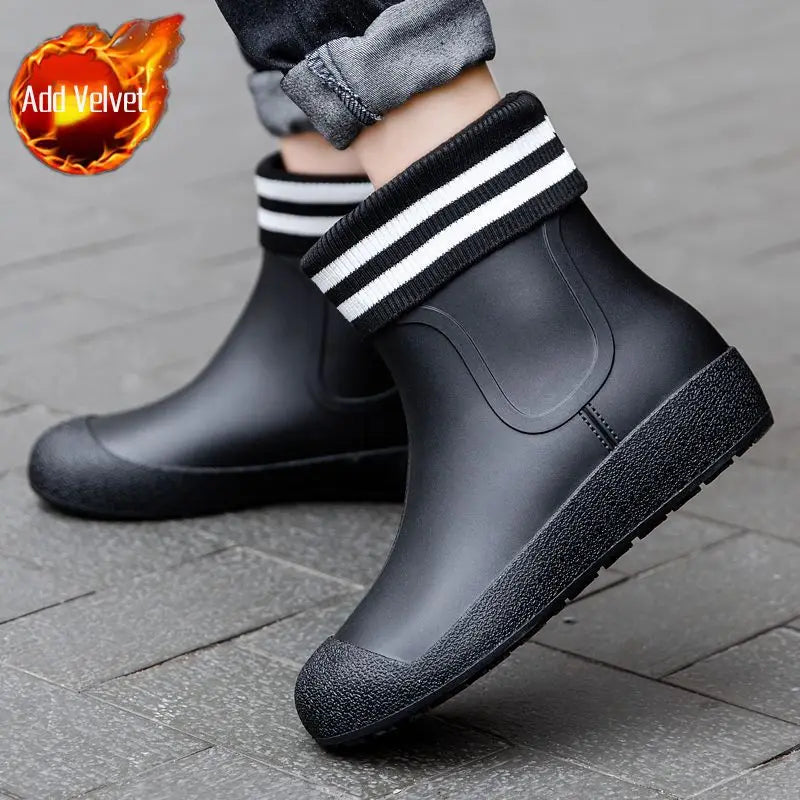 Winter Big Size Warm Waterproof Fleece-lined Short Men's Rain Boots Chef Kitchen Rainy Day Adult Without Lacing Mud Male Shoes