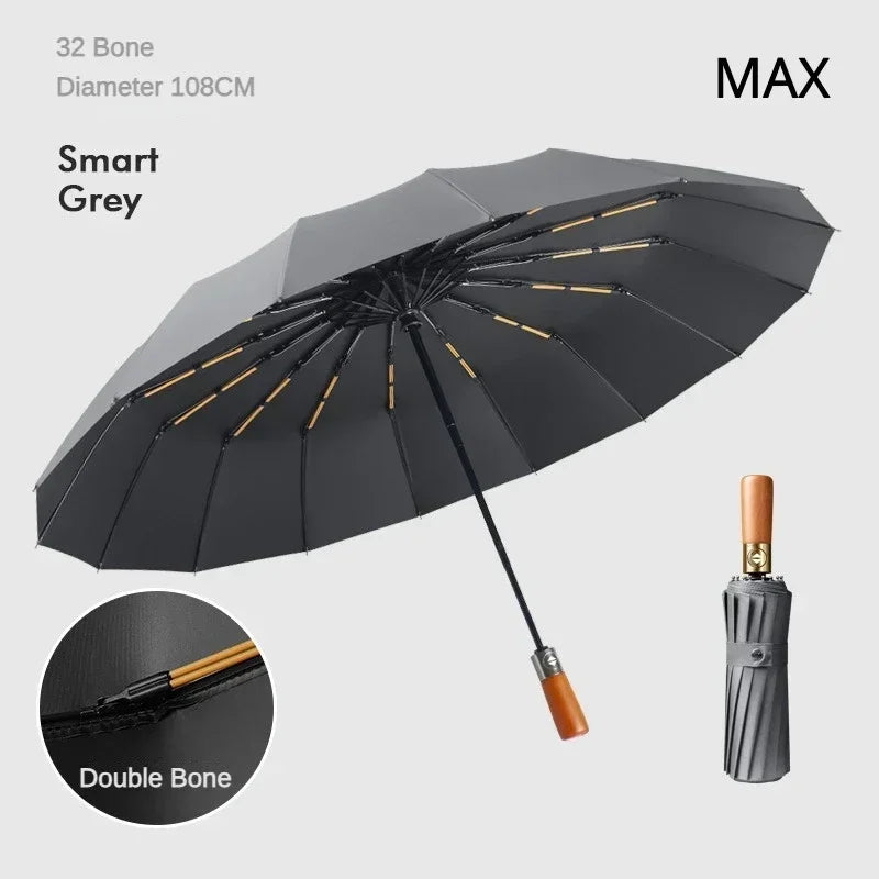 Business Fully Automatic Folding Umbrella Men and Women, Windproof 32 Bone, Wooden Handle, Waterproof Sunshade Rain Umbrellas