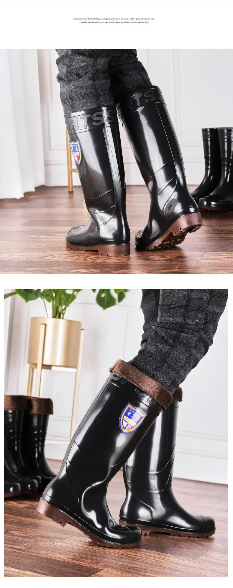 Thickened Cotton Lined Long Tube Winter Rain Boots Men's High Top round Toe Water Shoes Kitchen Shoes with Fleece Men's Rain Sho