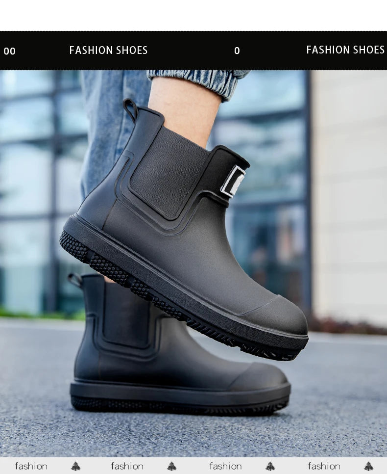 Men's Short-Tube Non-Slip Rain Boots, Fashionable Low-Top Water Shoes, Pvc One-Time Molded Rain Boots, Pastoral Labor Waterproof Shoes