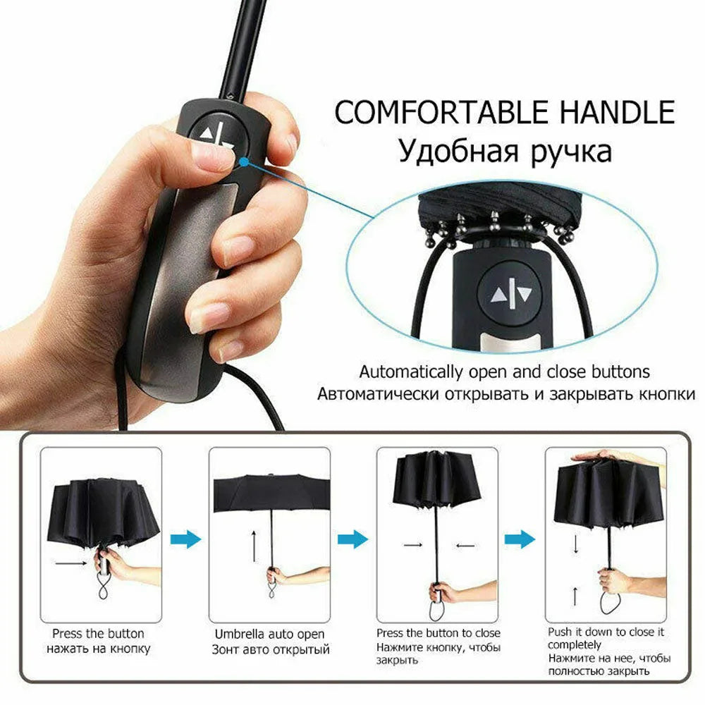 Windproof Wind Resistant 10 Ribs Strong Umbrella Automatic Open Close Folding Umbrella Compact Travel For Men and Women