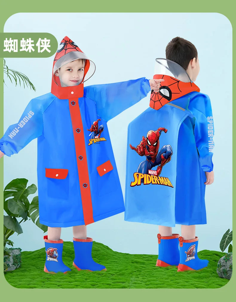 Disney Kids Raincoat Wateproof Children Elsa Spider-Man Rain Poncho Rain Coat Jacket with Backpack Position Student RainWear