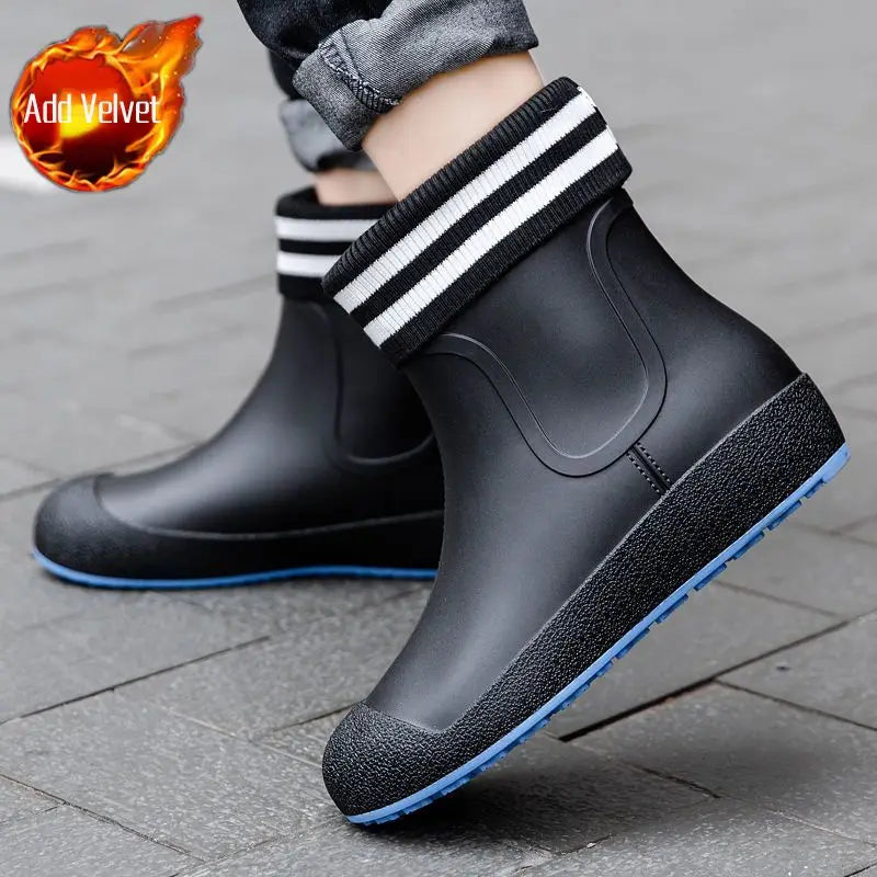 Winter Big Size Warm Waterproof Fleece-lined Short Men's Rain Boots Chef Kitchen Rainy Day Adult Without Lacing Mud Male Shoes