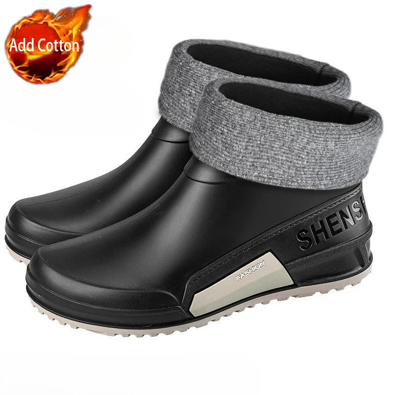 Waterproof Ankle Rain Boots for Men Chef Kitchen Fleece-lined Man Shoes Work Fashion Rainy Day Non-slip Garden Fishing Wellies