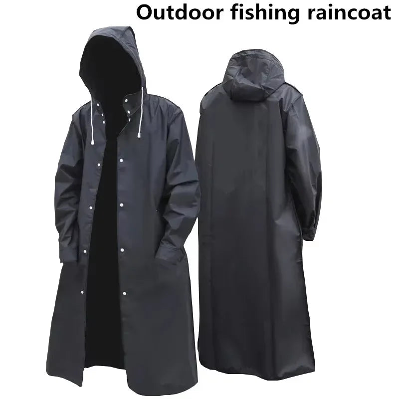 Fashion black adult windbreaker style waterproof long raincoat women's men's hooded outdoor motorcycle, bicycle, hiking, fishing
