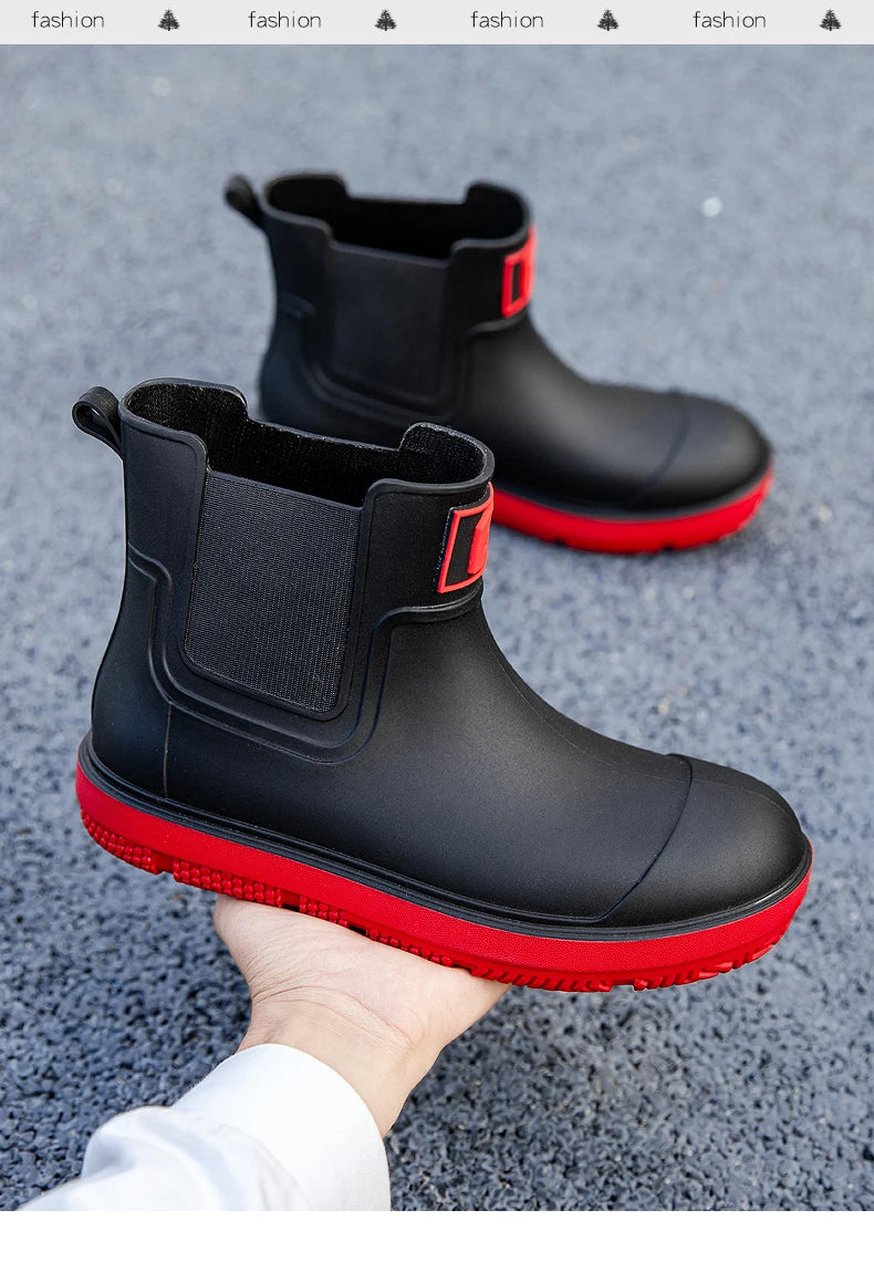 Men's Short-Tube Non-Slip Rain Boots, Fashionable Low-Top Water Shoes, Pvc One-Time Molded Rain Boots, Pastoral Labor Waterproof Shoes