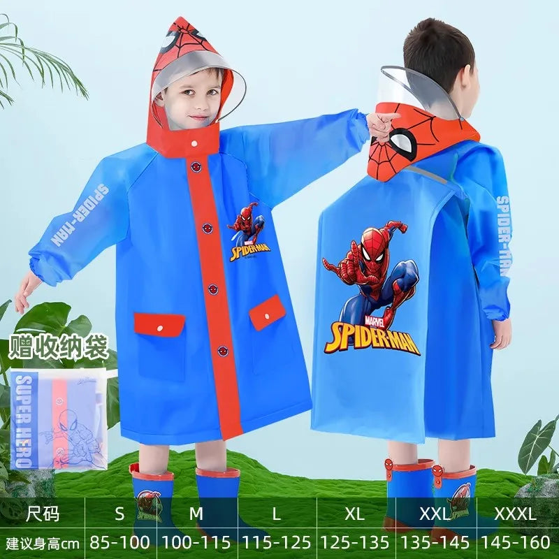 Disney Kids Raincoat Wateproof Children Elsa Spider-Man Rain Poncho Rain Coat Jacket with Backpack Position Student RainWear