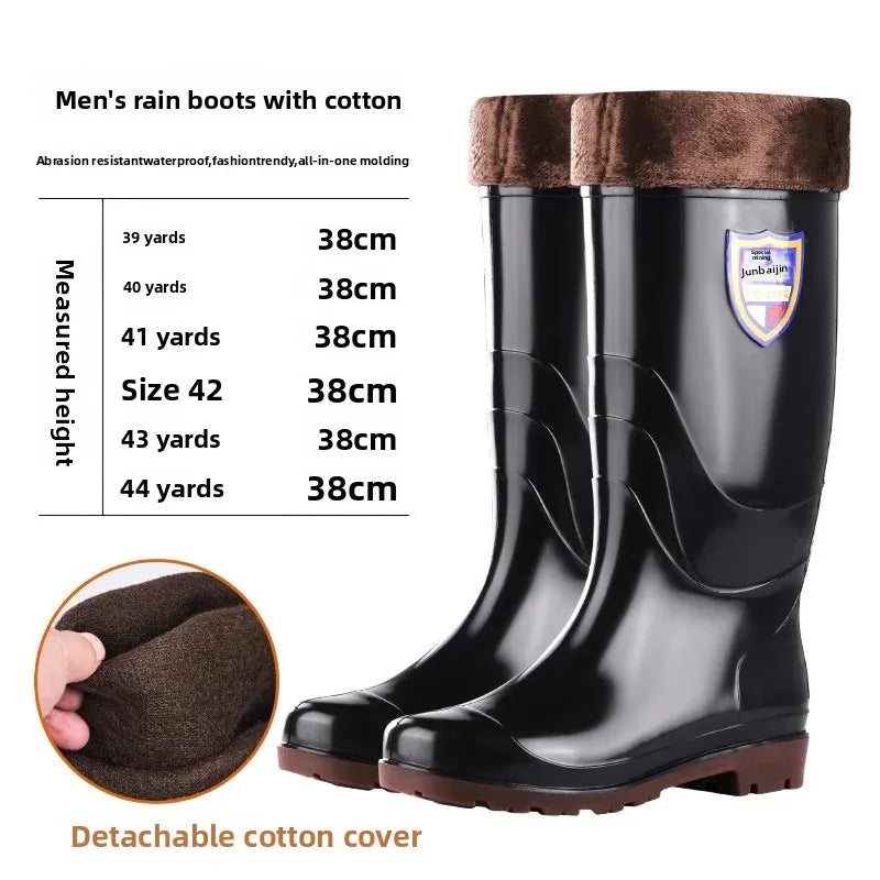 Thickened Cotton Lined Long Tube Winter Rain Boots Men's High Top round Toe Water Shoes Kitchen Shoes with Fleece Men's Rain Sho