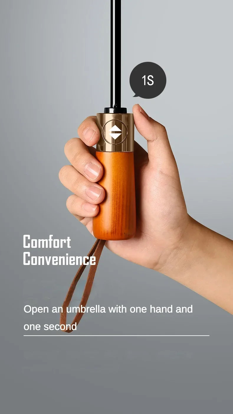 Business Fully Automatic Folding Umbrella Men and Women, Windproof 32 Bone, Wooden Handle, Waterproof Sunshade Rain Umbrellas