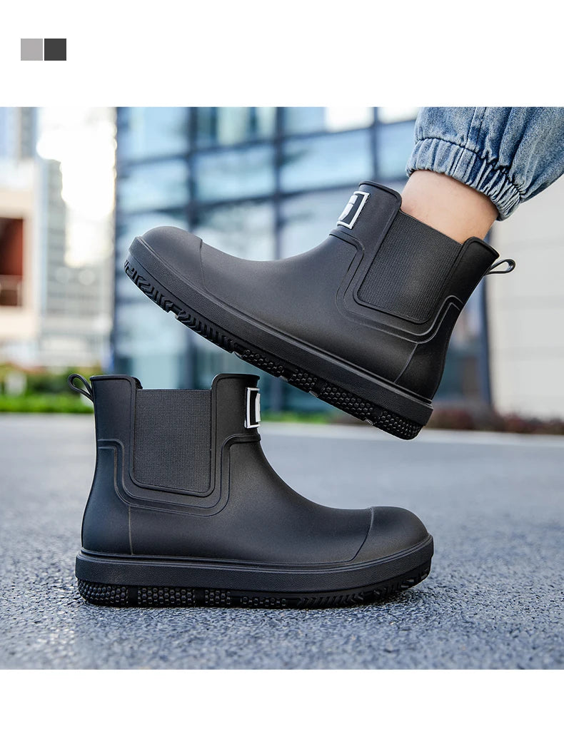 Men's Short-Tube Non-Slip Rain Boots, Fashionable Low-Top Water Shoes, Pvc One-Time Molded Rain Boots, Pastoral Labor Waterproof Shoes