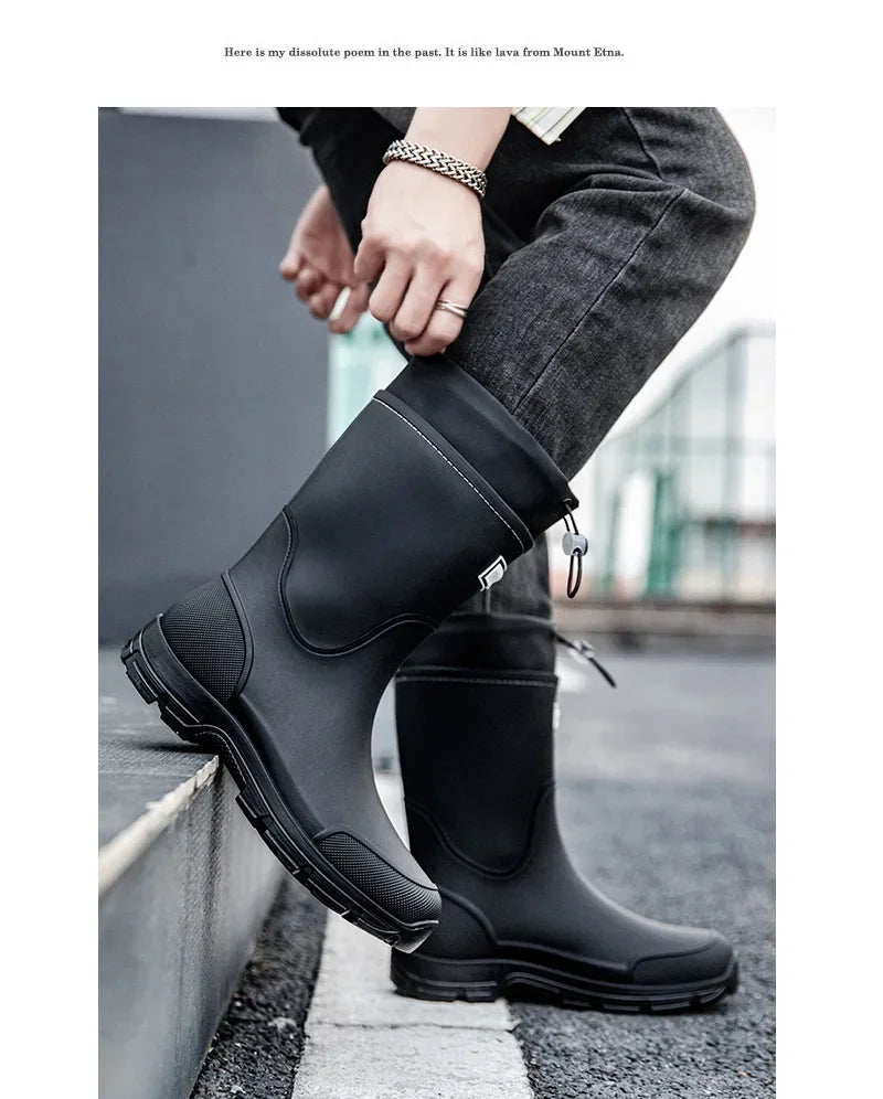 Men's Mid-calf Rain Boots.  New Style. Fashionable Mid-calf Outdoor Slip-resistant Water Shoes. Lightweight and Waterproof