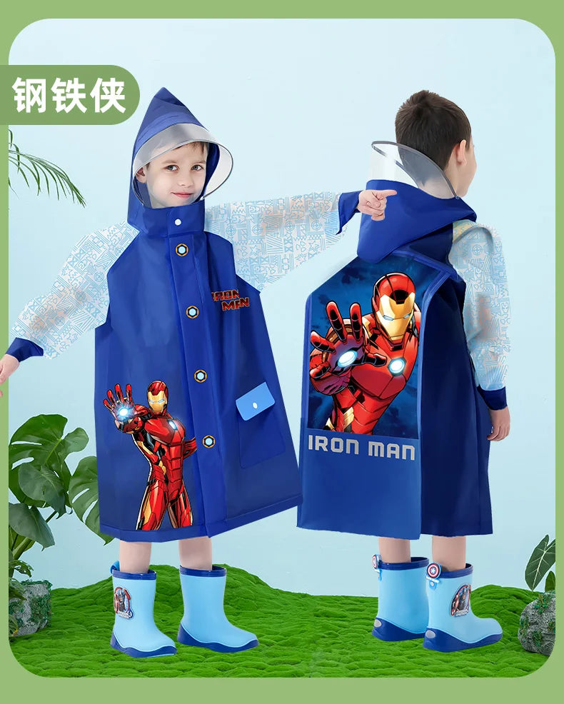 Disney Kids Raincoat Wateproof Children Elsa Spider-Man Rain Poncho Rain Coat Jacket with Backpack Position Student RainWear