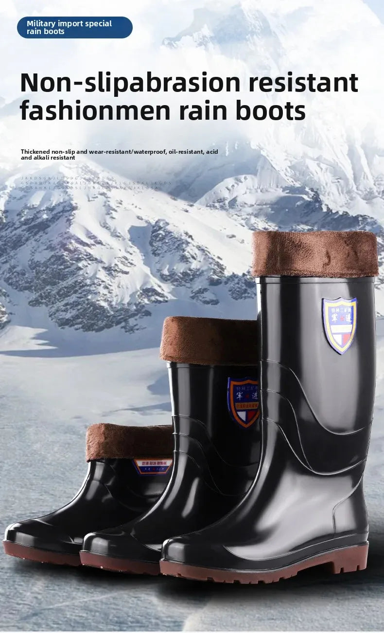 Thickened Cotton Lined Long Tube Winter Rain Boots Men's High Top round Toe Water Shoes Kitchen Shoes with Fleece Men's Rain Sho