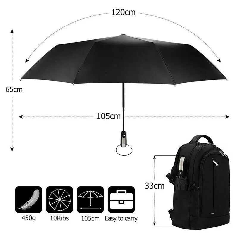 10 Ribs Automatic Open Close Umbrella Folding Ladies Walking Travel Black