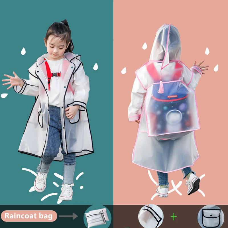 EVA Transparent Children Raincoat Girls Whole Body Waterproof Boys Kindergarten Pupils Poncho With Schoolbag Space
