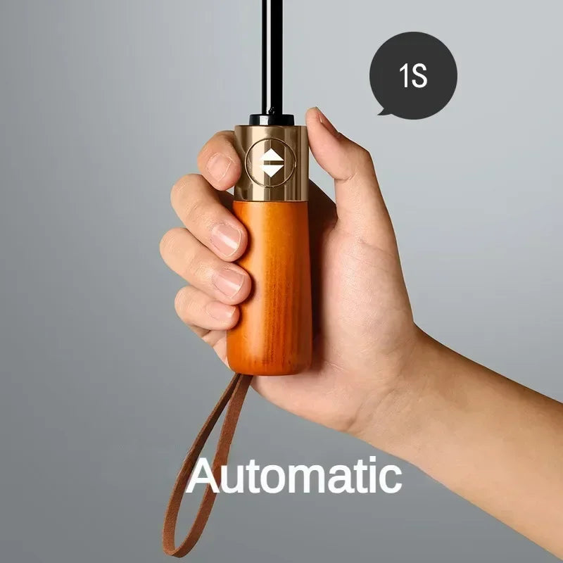 Business Fully Automatic Folding Umbrella Men and Women, Windproof 32 Bone, Wooden Handle, Waterproof Sunshade Rain Umbrellas