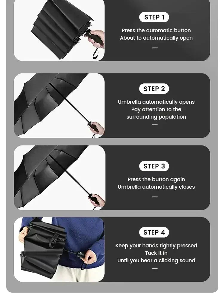 Thick and durable 12-rib black glue fully automatic umbrella, anti-ultraviolet, foldable umbrella for both sunny and rainy use.