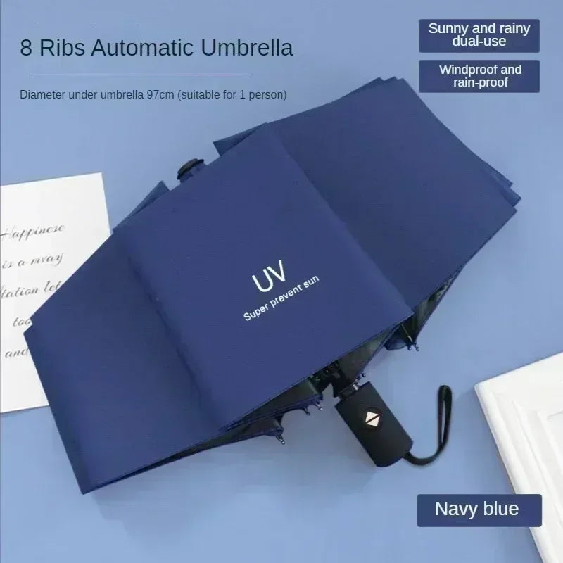 UV Black Adhesive Fully Automatic Sun Umbrella with Rain and Rain Protection, UV Protection, Sunscreen, and Three Fold Umbrella