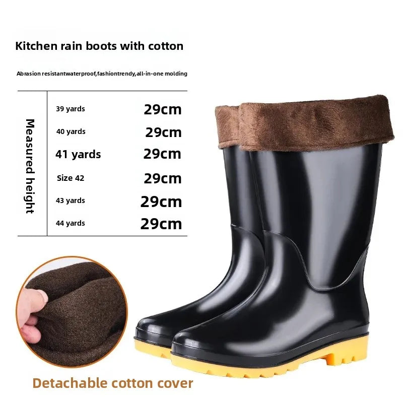 Thickened Cotton Lined Long Tube Winter Rain Boots Men's High Top round Toe Water Shoes Kitchen Shoes with Fleece Men's Rain Sho