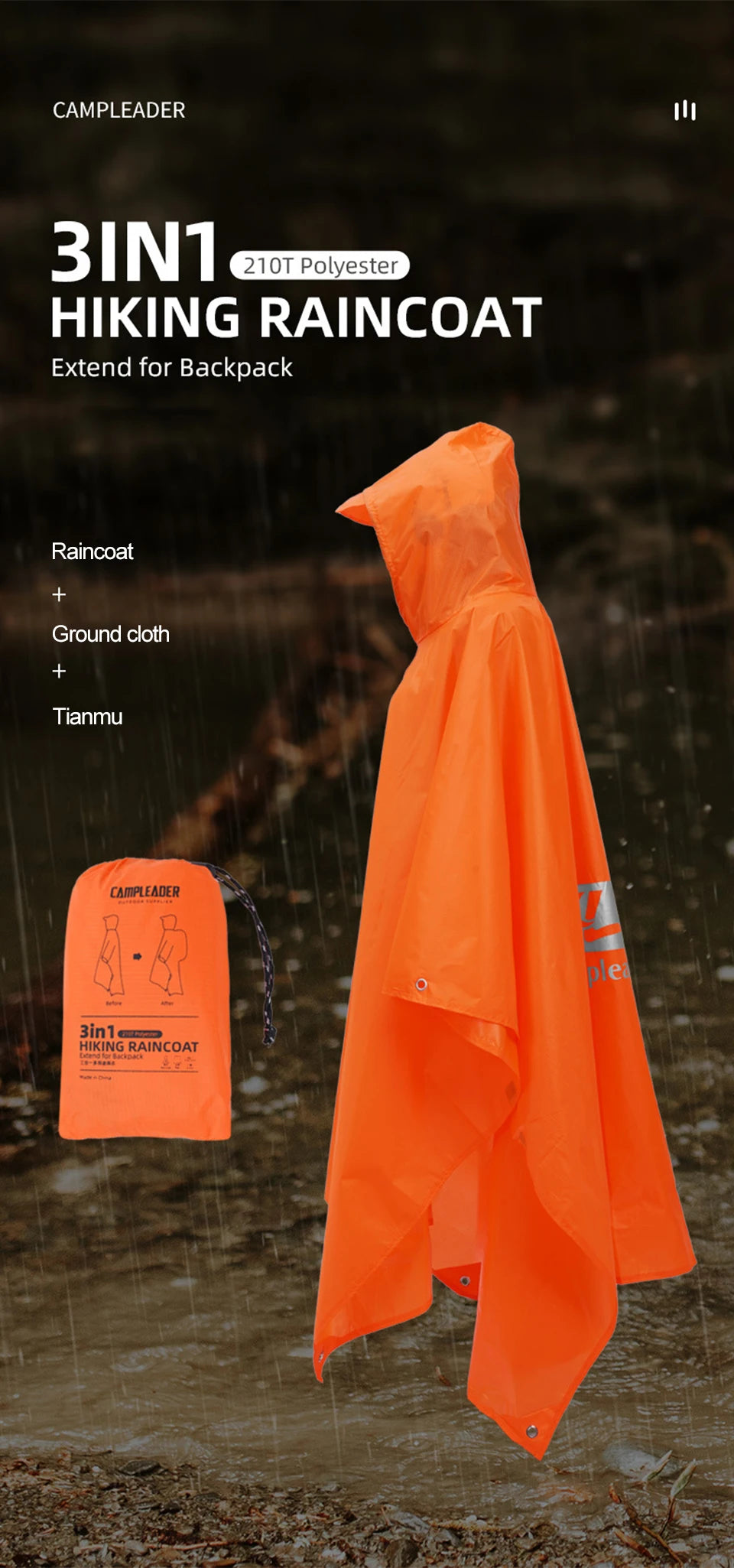 Outdoor 3 In 1 Raincoat Hooded Sleeve Waterproof Rain Poncho Motorcycle Rain Cover Camping Hiking Travel Portable Rainwear Tent