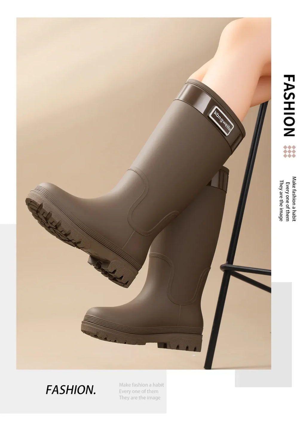 Fashionable High-Tube Women's Rain Boots Anti-Slip Waterproof Kitchen Water Shoes Long Tube PVC Material Adult Slip-Resistant Sh