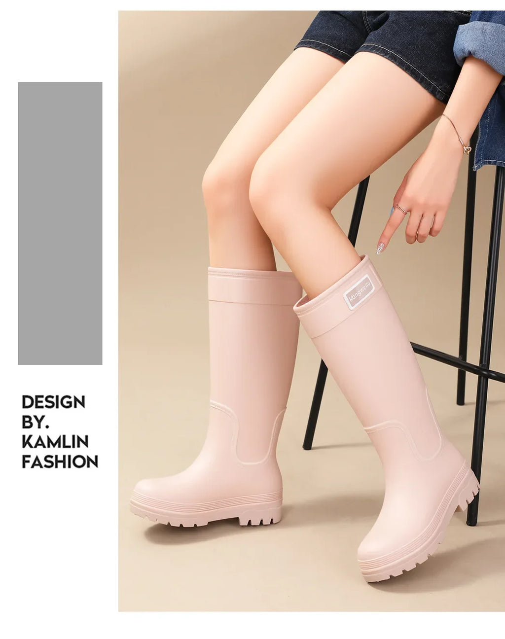 Fashionable High-Tube Women's Rain Boots Anti-Slip Waterproof Kitchen Water Shoes Long Tube PVC Material Adult Slip-Resistant Sh