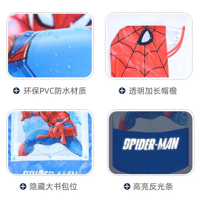 Disney Kids Raincoat Wateproof Children Elsa Spider-Man Rain Poncho Rain Coat Jacket with Backpack Position Student RainWear