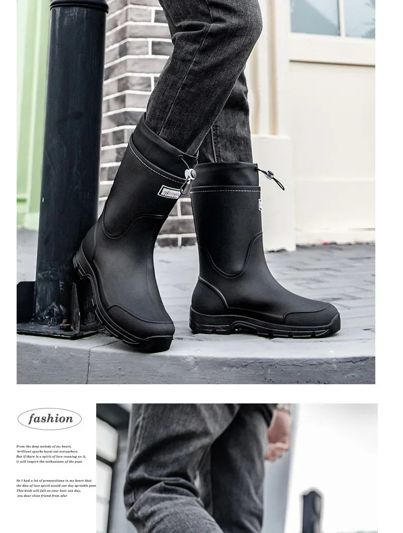 Men's Mid-calf Rain Boots.  New Style. Fashionable Mid-calf Outdoor Slip-resistant Water Shoes. Lightweight and Waterproof