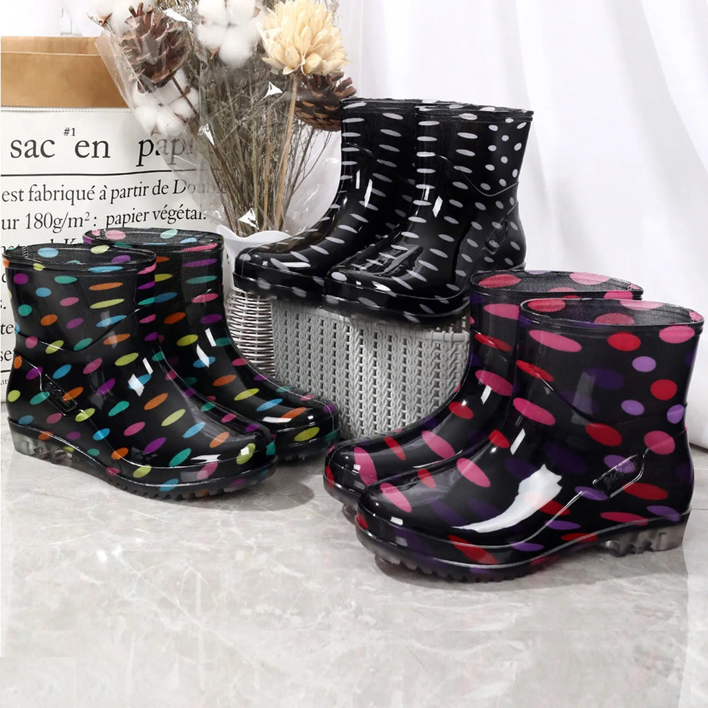 Black Polka Dots Women's Rain Shoes Waterproof And Non-slip Kitchen Work Rubber Shoes Pvc Short Tube Rain Boots Summer Shoes