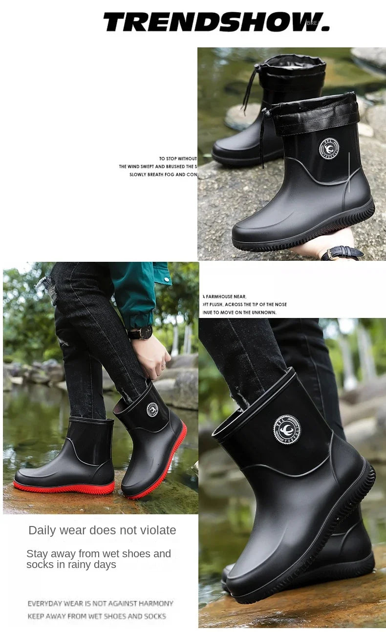 Men Rain Boots Non-slip Light Hiking Rain Shoes Slip on Waterproof Outdoor Leisure Rubber Fishing Shoes Work Water Shoes