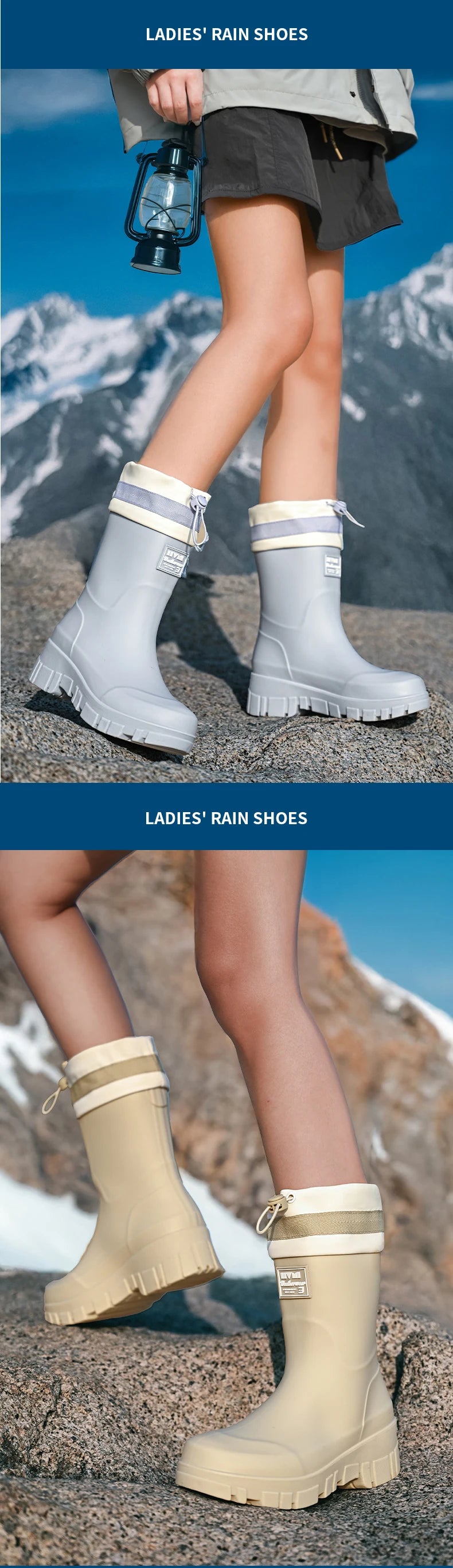 Solid Big Men Women Outdoor Tide Non-slip Waterproof Parent-Child Rain Boots Children Hundred Couple Adjustable Drawstring